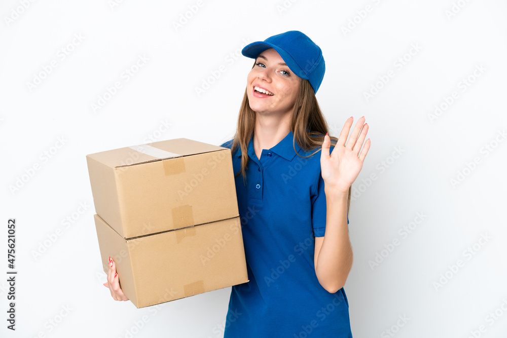 Delivery Lithuanian woman isolated on white background saluting with hand with happy expression Delivery Lithuanian woman isolated on white background saluting with hand with happy expression