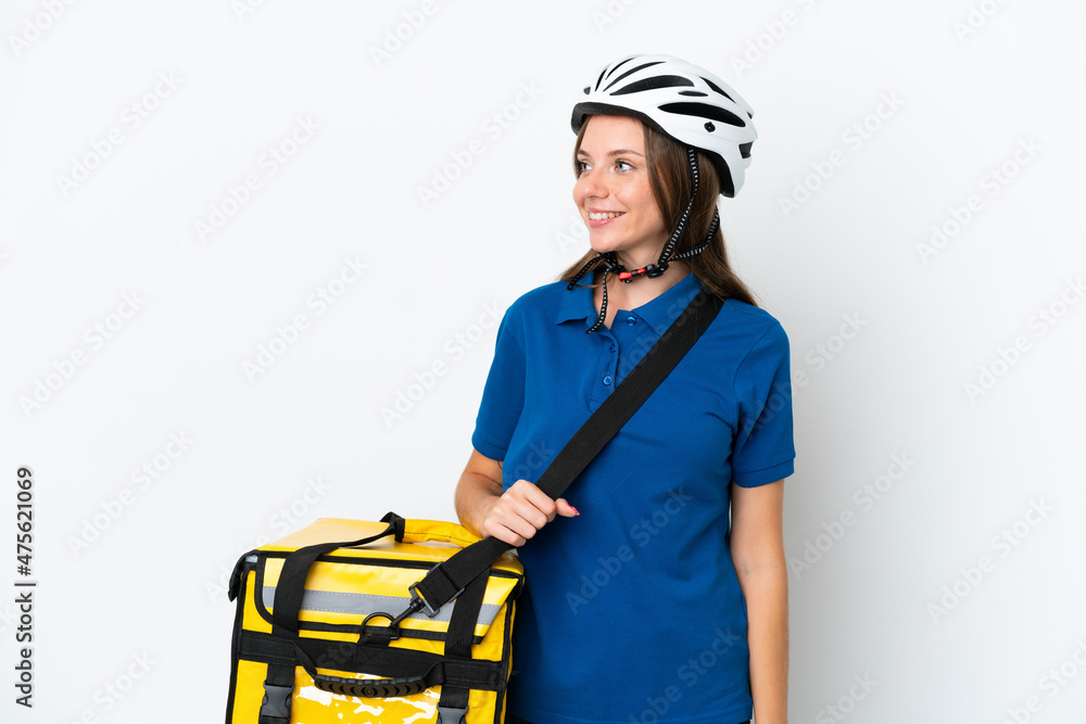 Lithuanian woman with thermal backpack looking side Lithuanian woman with thermal backpack looking side