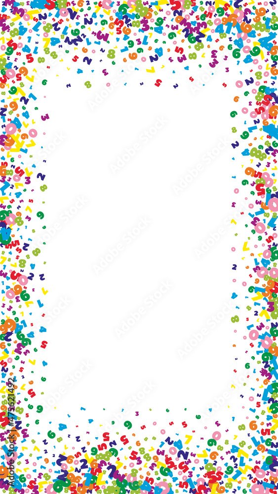 Falling vivid numbers. Math study concept with flying digits. Curious back to school mathematics banner on white background. Falling numbers vector illustration.