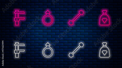 Set line Diamond engagement ring, Piercing, Calliper or caliper and scale and Bag with gems. Glowing neon icon on brick wall. Vector