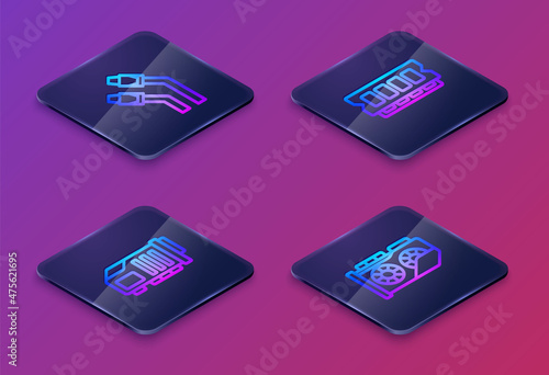 Set Isometric line LAN cable network internet, Video graphic card, RAM, random access memory and . Blue square button. Vector