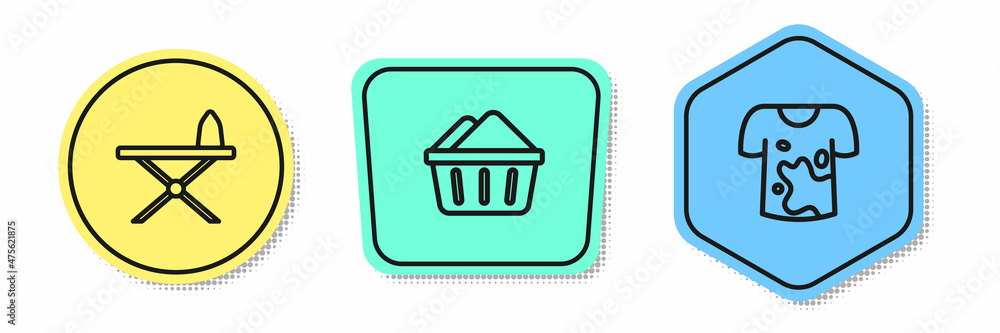 Set line Iron and ironing board, Basin with soap suds and Dirty t-shirt. Colored shapes. Vector Set line Iron and ironing board, Basin with soap suds and Dirty t-shirt. Colored shapes. Vector
