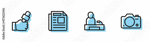 Set line Television report, Journalist news, News and Photo camera icon. Vector