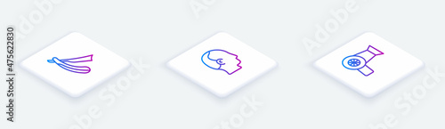 Set Isometric line Straight razor, Baldness and Hair dryer. White square button. Vector