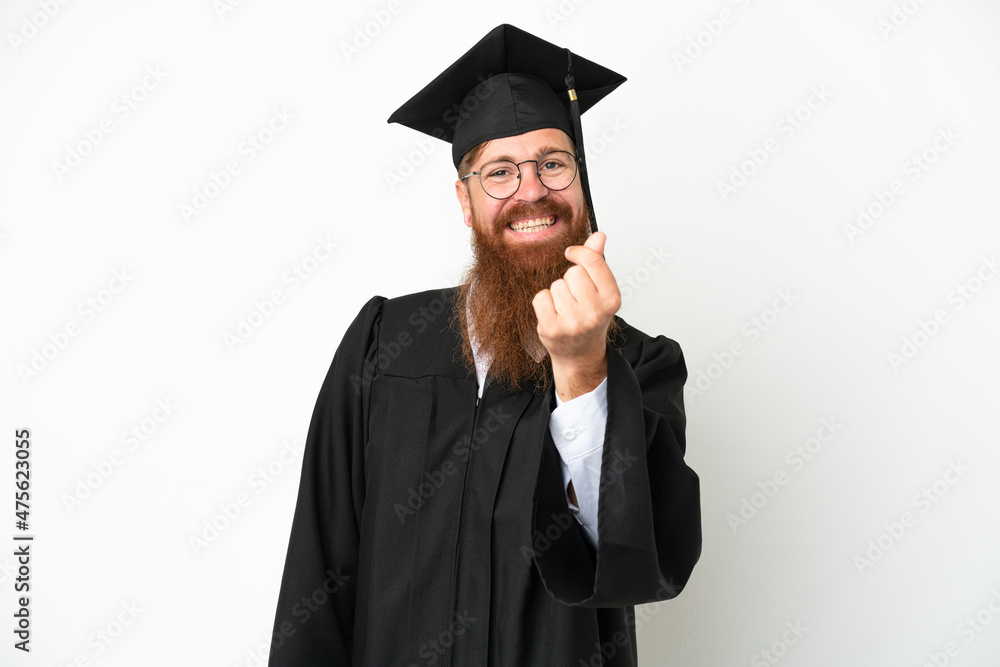 Young university graduate reddish man isolated on white background making money gesture Young university graduate reddish man isolated on white background making money gesture