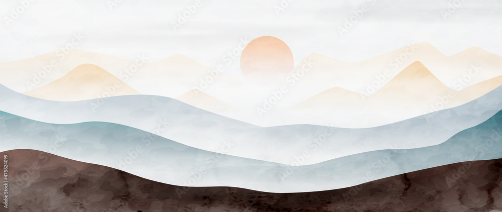 Fototapeta premium Watercolor background with mountains and hills in blue and gold colors with the sun. Landscape art banner in oriental style for wallpaper, decor, print
