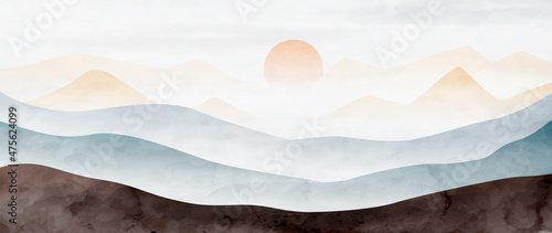 Watercolor background with mountains and hills in blue and gold colors with the sun. Landscape art banner in oriental style for wallpaper, decor, print