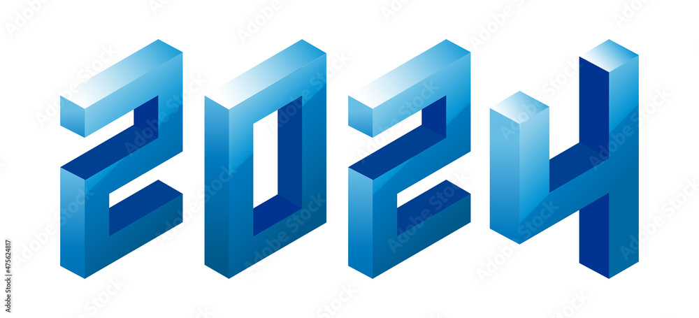 New Year 2024 blue water color design on white. Isometric style. New Year 2024 blue water color design on white. Isometric style.
