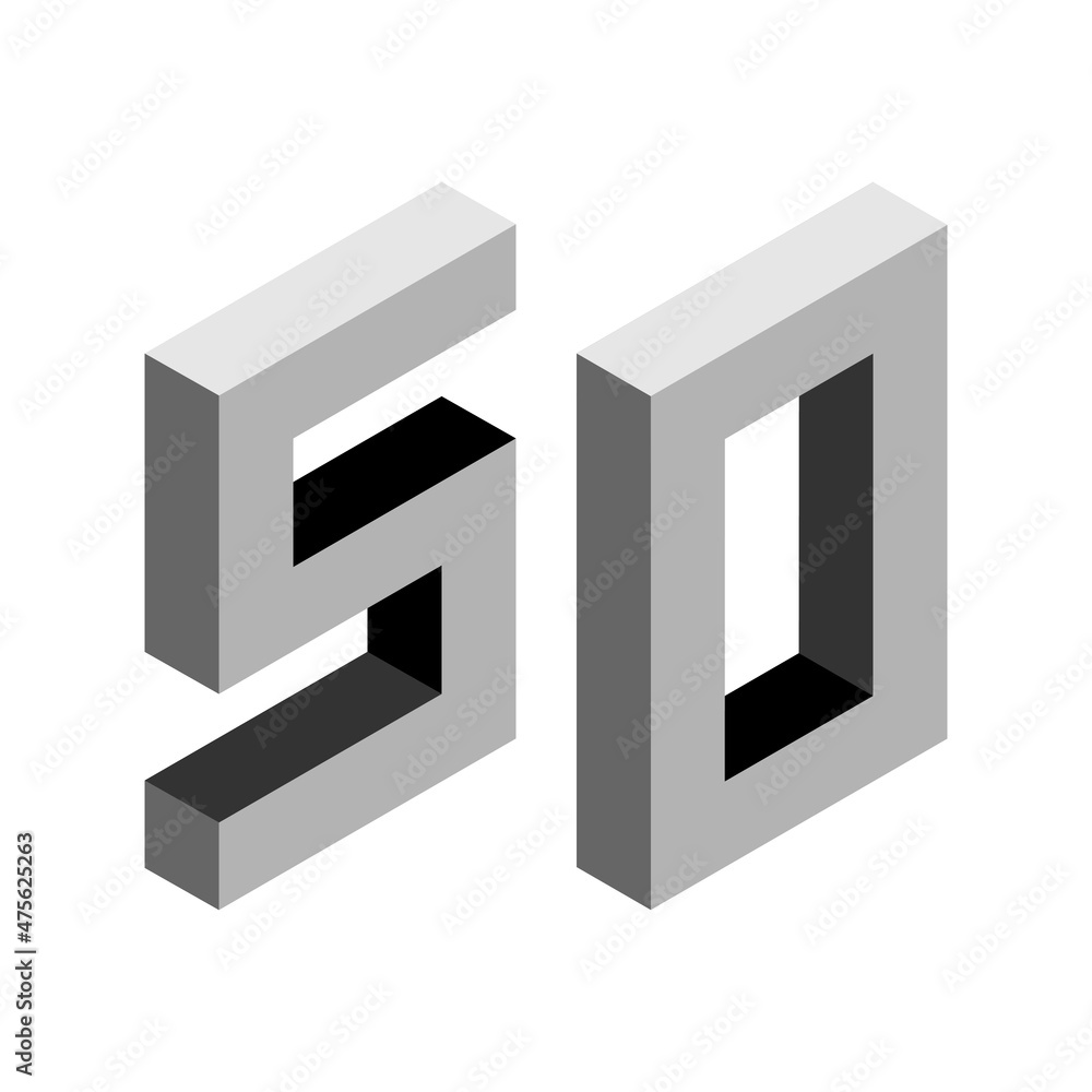 Gray number 50 in isometric style. Isolated on white background. Learning numbers, serial number, price, place. Gray number 50 in isometric style. Isolated on white background. Learning numbers, serial number, price, place.