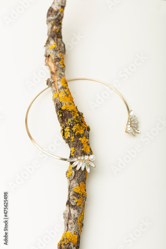 Beautiful and fashionable women's jewelry with elegant large stones on a gold base, hanging on the bark.