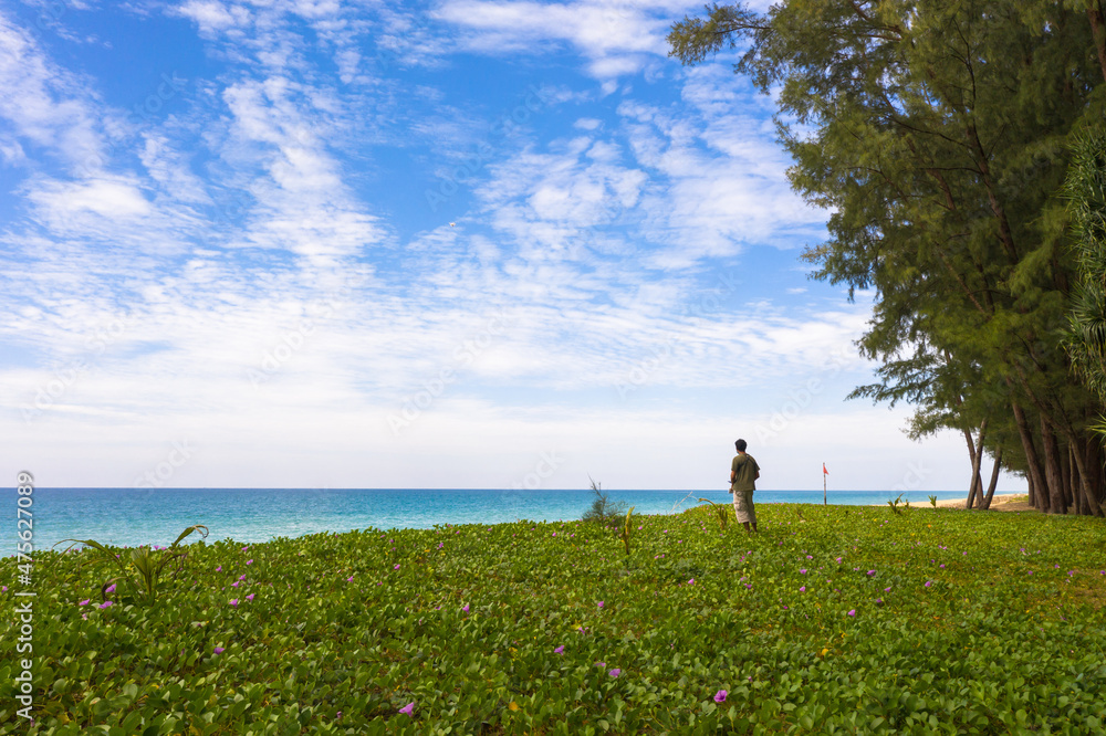 a man stand on morning glory beside the beach flying a drone..scenery white cloud in blue sky green sea in Andaman ocean..travel of nature and technology concept. a man stand on morning glory beside the beach flying a drone..scenery white cloud in blue sky green sea in Andaman ocean..travel of nature and technology concept.