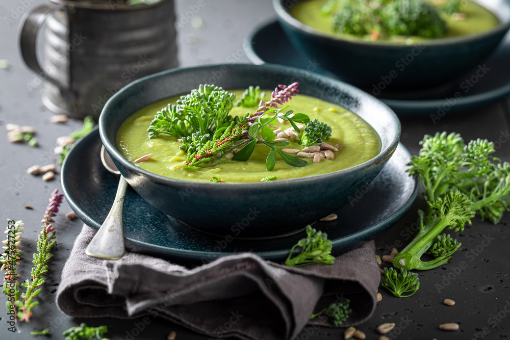 Healthy broccoli soup with sunflower seeds and cream. Healthy broccoli soup with sunflower seeds and cream.