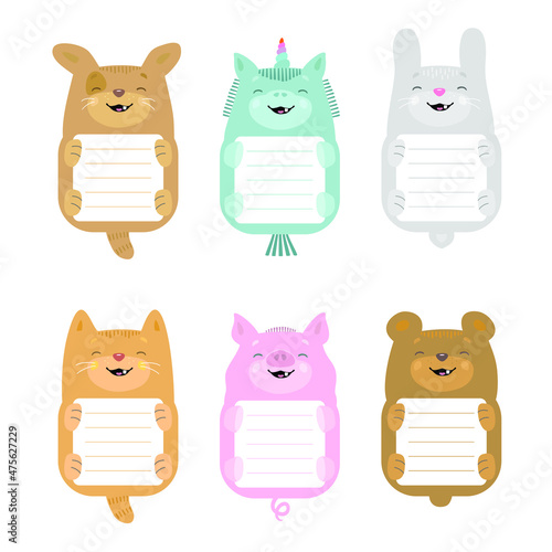 Set of cute labels, first tooth, borders, stickers, frames for photos, kids tag for text, pupil notebooks, workbooks, Animal, Name and Address