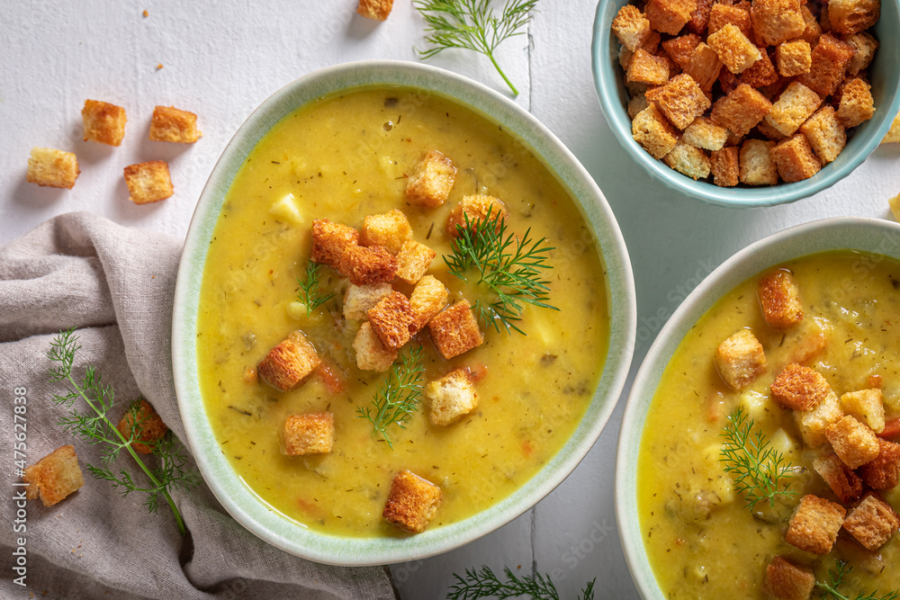 Delicious gherkins soup with croutons and dill. Delicious gherkins soup with croutons and dill.