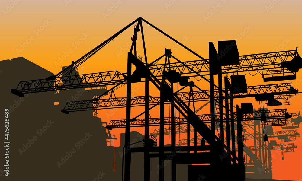 Vector illustration of port cranes Harbor. Suitable for background of container loading and unloading activities at busy ports and import export companies. Harbor cargo crane industrial equipment.