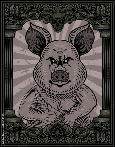 illustration vintage psychopath pig with engraving style