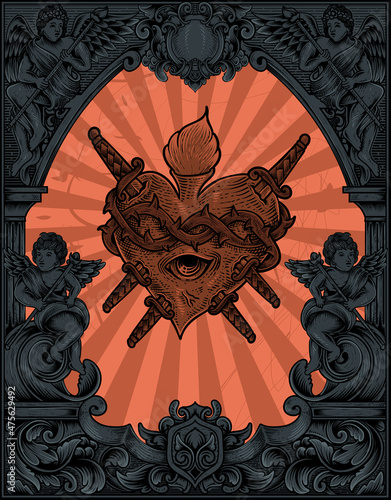 illustration antique heart attack with engraving style