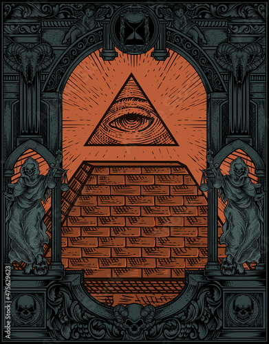 illustration illuminati pyramid with engraving style
