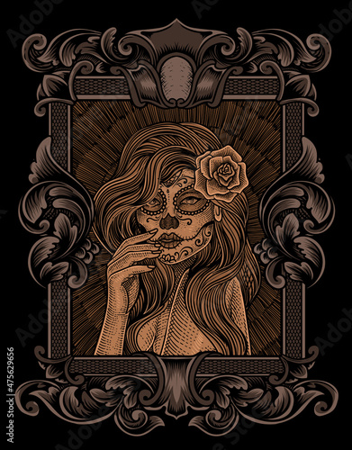 illustration sugar lady skull with engraving style