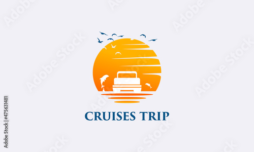 vector graphic illustration logo design for cruises trip with background sunset