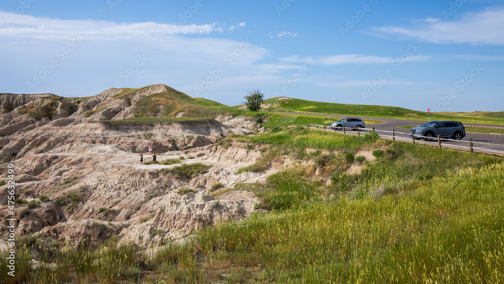 Homestead Overlook in Badland national park during summer. From grassland to valley. Badland landscape South Dakota.