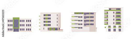 Residential detached building set, towering apartment blocks facade. Industrial urban planning, concrete panels, multi-family home. Vector flat style cartoon illustration, modular floor sections