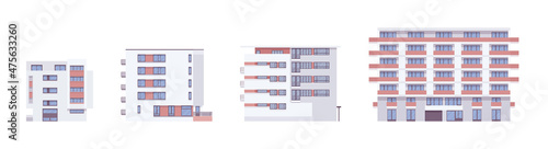 Residential detached building set, towering apartment blocks facade. Industrial urban planning, concrete panels, multi-family home. Vector flat style cartoon illustration, modular floor sections