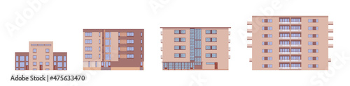 Modern apartment detached buildings set, architecture urbanscape. Contemporary city living, commercial use, multi-storey office building. Vector flat style cartoon illustration, modular sections