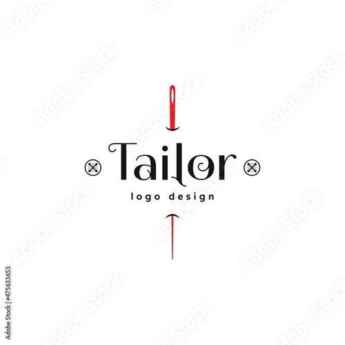 Tailor Logo. Red Needle with Black Circle Line Thread and Buttonhole Combination isolated on Vintage Background. Usable for Garment and Handmade Logos. Flat Vector Logo Design Template Element.