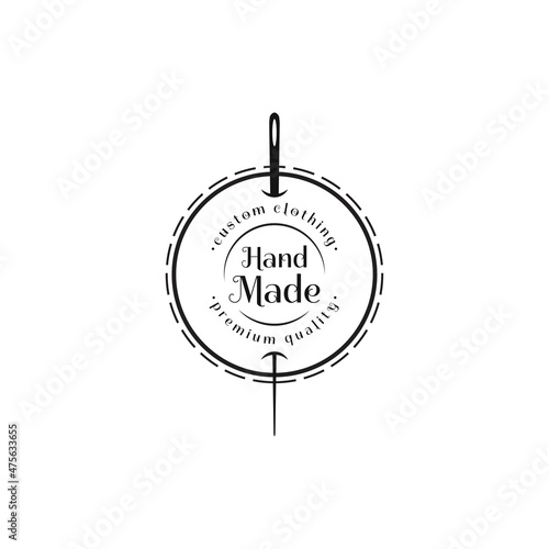 Tailor shop vector black round emblem, label, badge or logo in vintage style with stitch and two needles isolated on white background