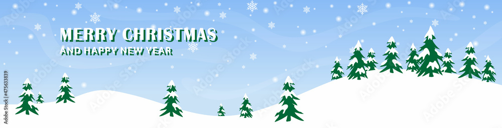 christmas banner template design, with fir tree on snow hill, winter weather, creative vector graphic