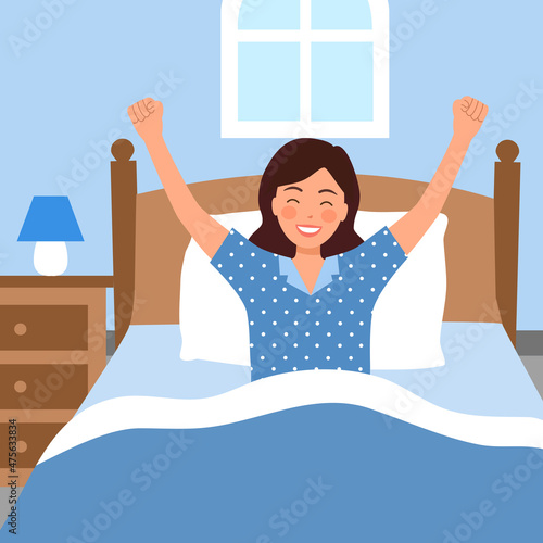 Young woman waking up in bed with happiness and full relaxation in the morning vector illustration.