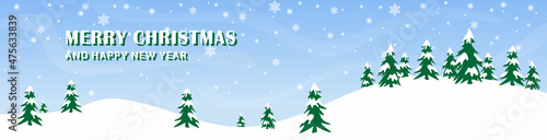 christmas banner template design, with fir tree on snow hill, winter weather, creative vector graphic