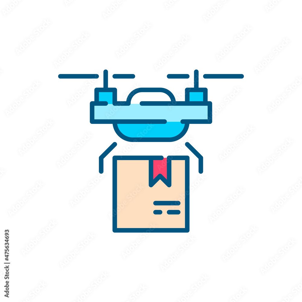 Drone delivering a parcel. Unmanned automatic aircraft used for transporting goods. Pixel perfect, editable stroke colorful icon Drone delivering a parcel. Unmanned automatic aircraft used for transporting goods. Pixel perfect, editable stroke colorful icon