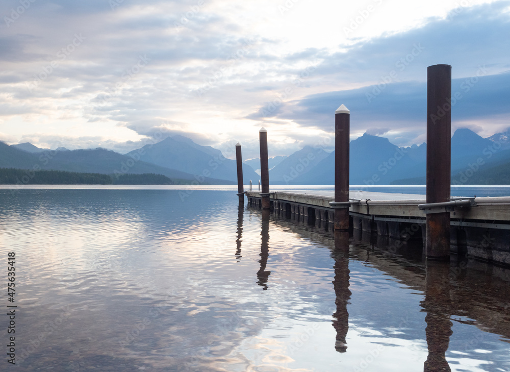 Boat Dock in Glacier National Park's Lake McDonald with a Reflection in the Lake's Ripples