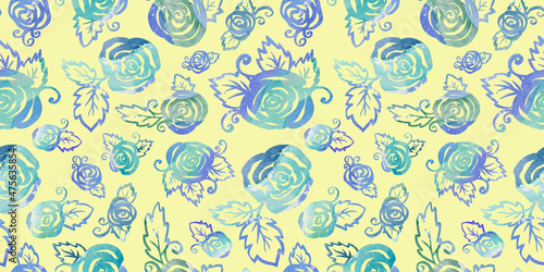 Watercolor Summer Floral Seamless Patterns with packaging and scrapbooking. colorful green, blue and turquoise branch and Roses Flower on yellow Background