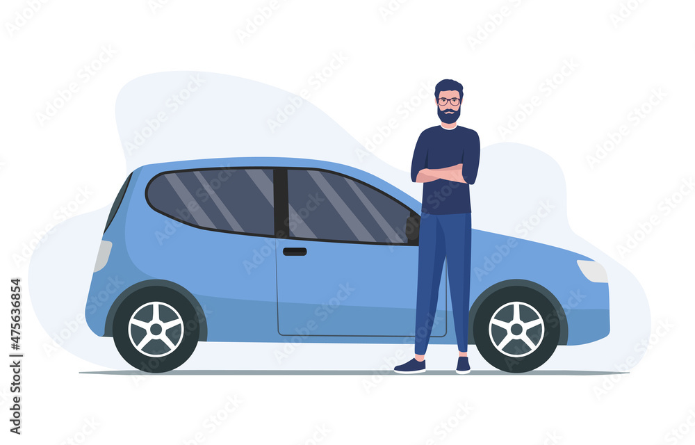 Buying renting a car. Car owner. Colored flat illustration. Isolated on white background. Buying renting a car. Car owner. Colored flat illustration. Isolated on white background.