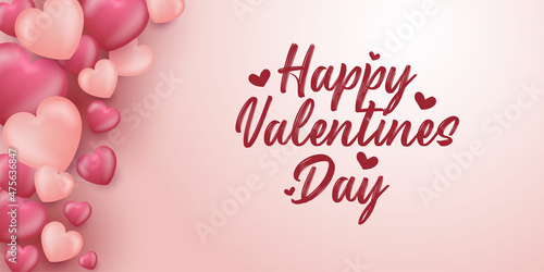 Happy Valentine's day banner with 3D realistic red hearts vector design