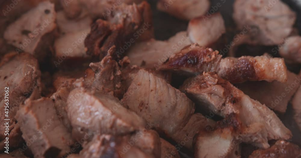 Close-up of pieces of meat in a frying pan. BMPCC 6K. Close-up of pieces of meat in a frying pan. BMPCC 6K.