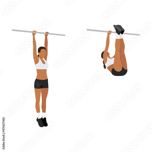 Woman doing Hanging leg raises to bar exercise. Flat vector illustration isolated on white background