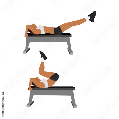 Woman doing Reverse bench crunches exercise. Flat vector illustration isolated on white background