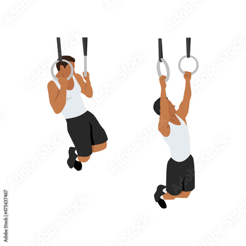 Man doing Gymnastic ring pull ups exercise. Flat vector illustration isolated on white background