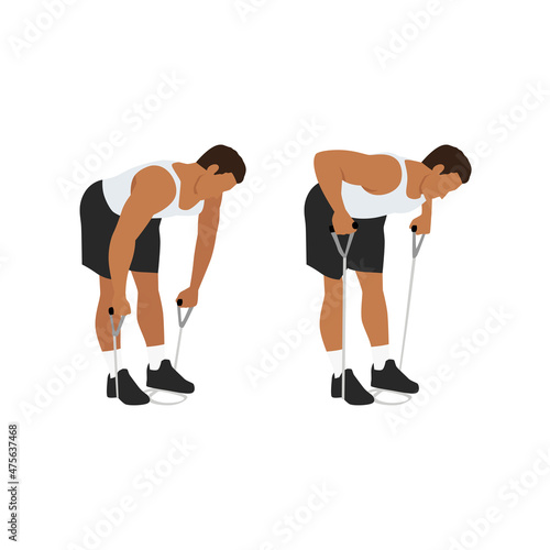Man doing Resistance band bent over rows exercise. Flat vector illustration isolated on white background