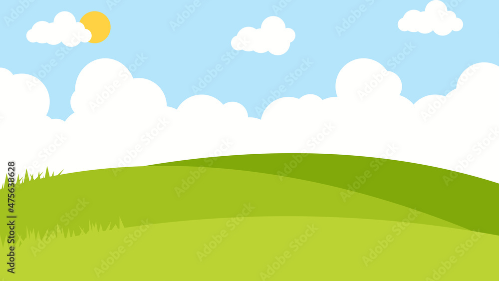 Green meadow with white clouds summer green view landscape background illustration