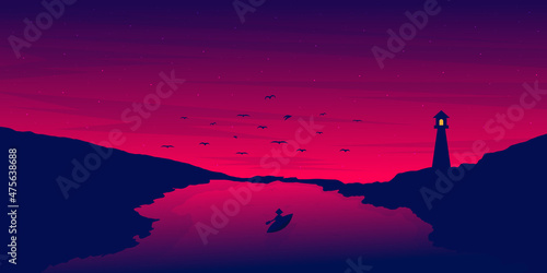 Dusk panoramic landscape with firsherman boat in the lake background illustration