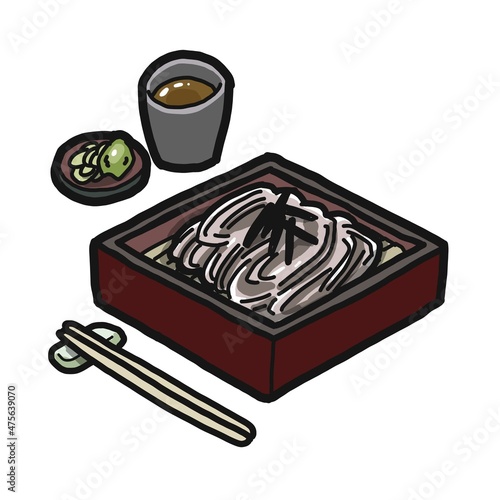 せいろに盛りつけられたざるそばのイラスト。麺つゆと薬味が添えられています。