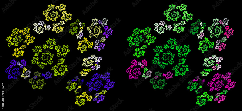 Large colorful spirals are made up of small ones. The spirals create a pattern on a black background. Abstract fractal background. Graphic design elements set. 3d rendering. 3d illustration.
