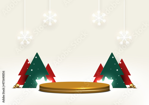 Christmas pedestal scene for product display. Gold stage base decoration with snowflakes, trees, stars on white background. Christmas and New Year design. Vector illustration.
