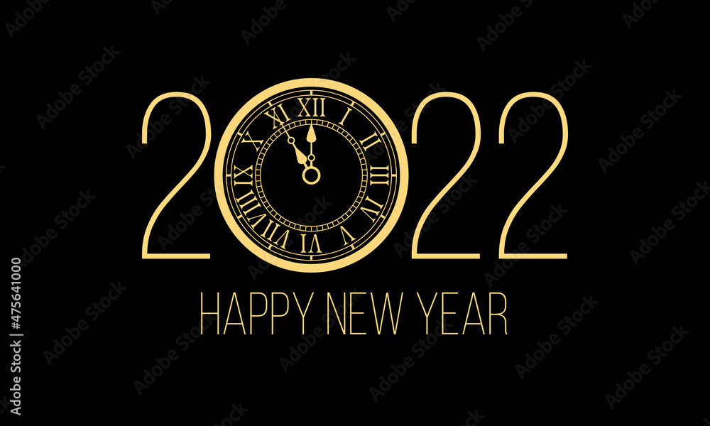 2022 happy new year greetings card with vintage roman clock, vector illustration on black background - obrazy, fototapety, plakaty 