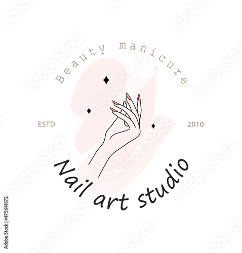 Female manicured hand. Lady painting, polishing nails. Nail polish. Vector Illustration of Elegant female hands in a trendy minimalist style. Beauty logo for nail studio or spa salon.